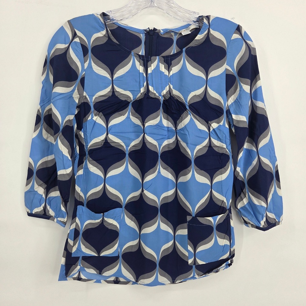 Boden Blouse 2 Blue Geometric Retro Mod 3/4 Sleeve WA502 Art-Inspired Eclectic